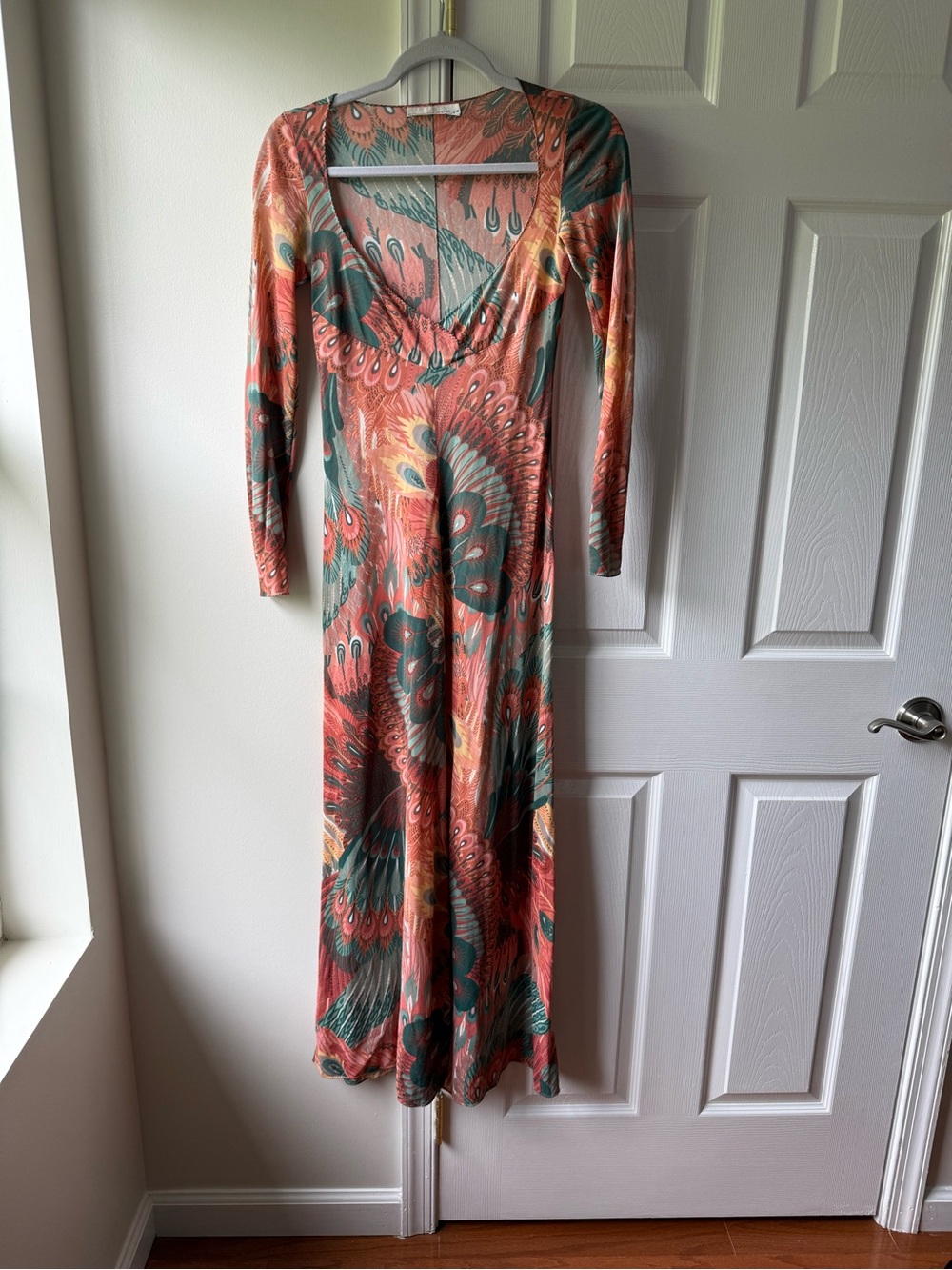 70s JOHN KLOSS PEACOCK PRINT MAXI DRESS Size P
